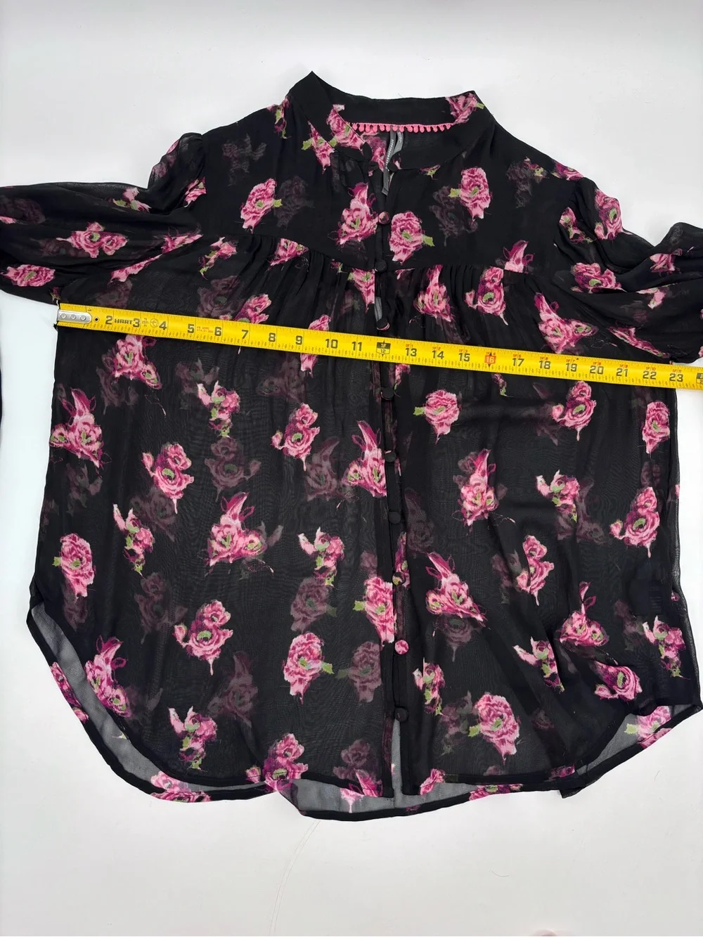 Anthropologie Black Floral Sheer Button-Front Blouse - Picture 6 of 11